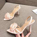 Xajzpa Summer Fashion Silk Rose Flowers Pointed Open Toe Back Strap Sandals Women Red High Heels Wedding Prom Shoes Zapatos Mujer