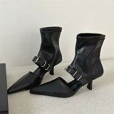 Xajzpa Street Design Belt Buckle Hollow Out Women Ankle Boots Sandals Pointed Toe Thin Low Heels Ladies Shoes