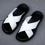 Xajzpa Italian genuine leather slippers for men's beach summer high-quality large size 38-47 flat bottomed herringbone sandals