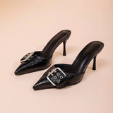 Xajzpa Pointed Toe Women's Mules Shoes Belt Buckle Black Patent Leather Stiletto High Heels Fashion Designer Summer Sandals for Ladies