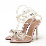 Xajzpa Sexy White String Bead Women Transparent High Heels Summer Fashion Butterfly-Knot Clear Sandals Pointed Toe Shoes Pumps