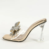 Xajzpa Fashion Silver Sequined Butterfly Knot Women Transparent Slippers Summer Square Toe Clear High Heels Sandals Female Shoes