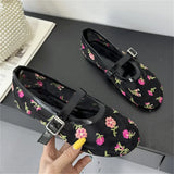 Xajzpa Embroidered Flower Mesh Fabric Flat Heels Women Sandals Fashion Round Toe Buckle Strap Casual Mule Shoes