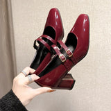 Red Patent Leather Mary Janes Shoes Summer New Fashion Square Toe Women's Pumps Comfortable Chunky Heel Ladies Single Shoes