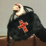 Xajzpa - Y2k Gothic Handbag Soft Plush Black Cross Applique Shoulder Bag Fashion Harajuku Style Punk Hip Hop Biker Crossbody Bag