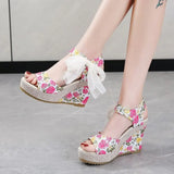 Xajzpa   Summer Beach Boho Floral Wedge Sandals Women Ankle Strap Platform Gladiator Shoes Woman High Heels Sandalias Mujer