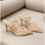 Xajzpa Luxury Brand High Heels Women Sandals Mesh Embroider Elegant Pointed Ladies Slingback Designer Party Wedding Bridal Dress Shoes