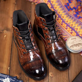 Xajzpa Men Shiny Mid-cut Boots Autumn Lace-up Crocodile Leather Men's Shoe Thick-soled Non-slip Motorcycle Ankle Boots Large Size 38-48