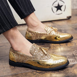Spring Tassel Men's Shoes Golden Nightclub Casual Shoes Loafers Mens Shoes Slip-on Comfort Shoes Bright Leather Low-heeled Shoes