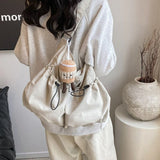 Xajzpa New Lightweight Nylon Drawstring ToteBag Literary Leisure Wrinkle Crossbody Bag Lazy Large Capacity Student Underarm Wrinkle Bag
