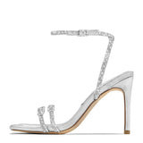 Xajzpa Elegant Women Party Wedding Banquet Shoes Sexy Crystal Ankle Strap Black Sandals Street Style Square Toe Stripper Heels