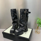 Xajzpa Med Heel Boots Round Toe Women's Genuine Leather Shoes Zipper Boots-Women  Over-the-Knee Rubber 2025 Lolita Lace-Up Western Floc