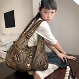 Xajzpa Vintage Brown Y2k Handbag Women Retro Subculture Leather Large Capacity Shoulder Bags Ladies Harajuku Aesthetic Tote Bag