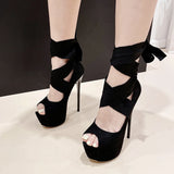 Xajzpa Black High Heels For Women Fashion Ankle Cross Strap Platform Pumps Sexy Peep Toe Party Dress Shoes Stiletto Sandals