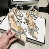 Xajzpa New Women's Crystal Sandals Classic Fairy Bow High Heels Summer New Water Diamond Fine Heel Bridesmaid Wedding Shoes