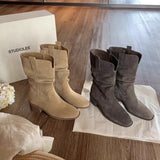 Xajzpa New Style Luxury Women's Retro Brown Western Cowboy Long Boots Women's Fashionable Mid-Calf Pointed Toe Booties Zapatos Mujer