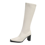 Xajzpa - Black White High Heels Long Boots Women 2023 Autumn Winter Pu Leather Knee High Boots Woman Side Zipper Square Toe Knight Botas