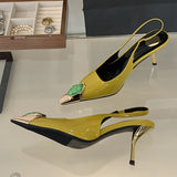 Xajzpa Fashion Design Inlay Gems Pointed Toe Patent Leather Sexy Slingback Sandals Women Pumps High Heels Wedding Banquet Shoes