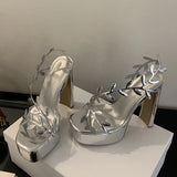 Xajzpa Summer Fashion Patent Leather Gold Leaf Women Sandals Elegant Square Toe Platform High Heels Wedding Banquet Shoes Size 42