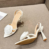 Xajzpa Summer Fashion Silk Rose Flowers Pointed Open Toe Back Strap Sandals Women Red High Heels Wedding Prom Shoes Zapatos Mujer