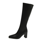 Xajzpa - Black White High Heels Long Boots Women 2023 Autumn Winter Pu Leather Knee High Boots Woman Side Zipper Square Toe Knight Botas