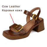 Genuine Cow Leather Sandals Block Mid Heels Women Roma Sandals Square Toe Retro Buckle Sandals Ankle Strap