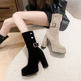 Xajzpa New Style Luxury Women's Vintage Platform Thick High Heel Women Mid-Calf Boots Fashion Slip on Winter Female Western Short Boots