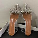 Xajzpa Spring Sexy Slingback Shoes Women Mules Sandals Fashion Crystal Diamond Bowknot Pointed Toe Transparent Heels Pumps