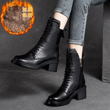 Xajzpa Cow Leather Quality Women Shoes Autumn Winter Square Med Heel Ankle Boots Lace Up Zipper Ladies Pumps Size 35-40