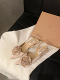 Xajzpa New Flower Designer Sandals Women Elegant Satin Mule Shoes Summer Pointed Toe Pumps Low Heel Flowers Slingback Sandals Female