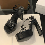 Xajzpa Summer Fashion Patent Leather Gold Leaf Women Sandals Elegant Square Toe Platform High Heels Wedding Banquet Shoes Size 42
