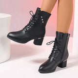 Xajzpa  Autumn Lace Up Thick Heels Ankle Boots Women Plus Size Zip Pu Leather Boots Woman Retro High Heeled Short Booties Mujer