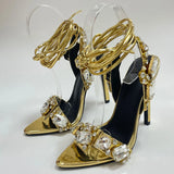 Xajzpa Sexy Ankle Strap Golded Sandals Women Party Nightclub Stripper Heels High Quality Crystal Diamond Pointed Toe Wedding Shoe