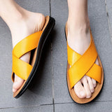 Xajzpa Italian genuine leather slippers for men's beach summer high-quality large size 38-47 flat bottomed herringbone sandals