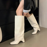 Xajzpa Winter Street Fashion Punk Style Knee-High Women Boots Designer Hollow Out Square High Heels Shoes Banquet Ladies Booties