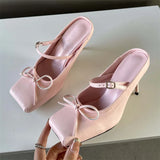 Xajzpa Bowknot Square Toe Women Slippers Pumps Sexy Buckle Strap Thin Heels Banquet Prom Mule Shoes