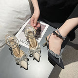 Xajzpa New Women's Crystal Sandals Classic Fairy Bow High Heels Summer New Water Diamond Fine Heel Bridesmaid Wedding Shoes