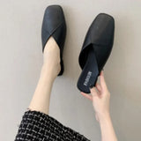 Xajzpa  Women Mules Summer Elegant Square Closed Toe Flat Slippers Female Shoes Casual Leather Black White Slides Plus Size 35-43