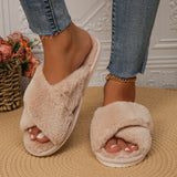 Xajzpa Faux Fur Corss Band Fuzzy Slippers Women Winter Warm Plush Indoor Fluffy Shoes Woman Soft Sole Open Toe Home Cotton Slippers