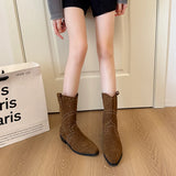 Xajzpa New Style Luxury Women Sexy Pointed Toe Western Cowboy Boot Women Fashionable Metal Rivets Mid Calf Suede Booties Non Slip Boots