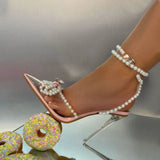 Xajzpa Sexy White String Bead Women Transparent High Heels Summer Fashion Butterfly-Knot Clear Sandals Pointed Toe Shoes Pumps