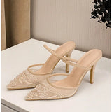 Xajzpa Luxury Brand High Heels Women Sandals Mesh Embroider Elegant Pointed Ladies Slingback Designer Party Wedding Bridal Dress Shoes