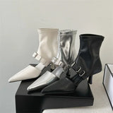 Xajzpa Street Design Belt Buckle Hollow Out Women Ankle Boots Sandals Pointed Toe Thin Low Heels Ladies Shoes