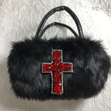 Xajzpa - Y2k Gothic Handbag Soft Plush Black Cross Applique Shoulder Bag Fashion Harajuku Style Punk Hip Hop Biker Crossbody Bag