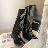 Xajzpa Women Patent Leather Over The Knee Boots New Female Pointy Thigh High Boots Sexy Side Zipper Black High Heels Party Shoes