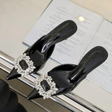 Xajzpa New Fashion Crystal Thin Heels Mules Women Slippers Elegant Pointed Toe Banquet Party Prom Ladies Shoes