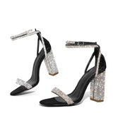 Xajzpa Fashion Glitter Rhinestones Square High Heels Sandals Summer Open Toe Crystal Ankle Strap Women Party Prom Shoes Sandalias