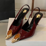 Xajzpa Fashion Design Inlay Gems Pointed Toe Patent Leather Sexy Slingback Sandals Women Pumps High Heels Wedding Banquet Shoes
