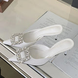 Xajzpa New Fashion Crystal Thin Heels Mules Women Slippers Elegant Pointed Toe Banquet Party Prom Ladies Shoes