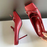 Xajzpa Bowknot Square Toe Women Slippers Pumps Sexy Buckle Strap Thin Heels Banquet Prom Mule Shoes